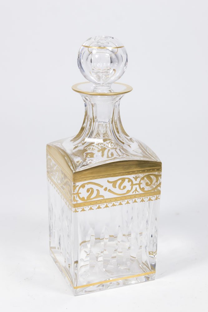 St. Louis Cut Crystal Bottle: With ice chip and gold highlights. France watermark seal. Approx. 9 1/2" H.