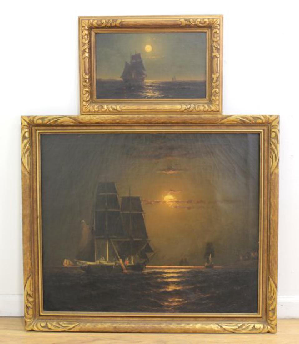 Elisha Taylor Baker, Nocturnal Marines: 2 oils on canvas. 19th century. One signed lower left, approx. 25" H x 30" W unframed, 30" H x 35" W framed. The other unsigned, approx. 9" H x 15" W unframed, 13" H x 19" W framed. Relined and restor