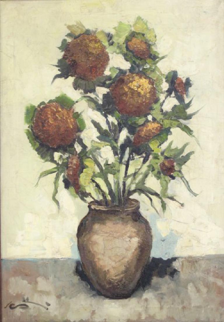 Narciso Scotti, Floral Still Life: Oil on canvas. Narciso Scotti (born 1907). Approx. 27" H x 19" W unframed, 31" H x 23" W framed.