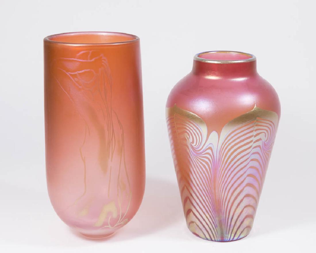 2 Modern Art Glass Vases: One feather iridescent, signed indistinctly and dated 1982, approx. 9" H; and one with nude, signed Van de Lear?, titled "Bliss," possibly dated 1981?, approx. 10" H. (6084)