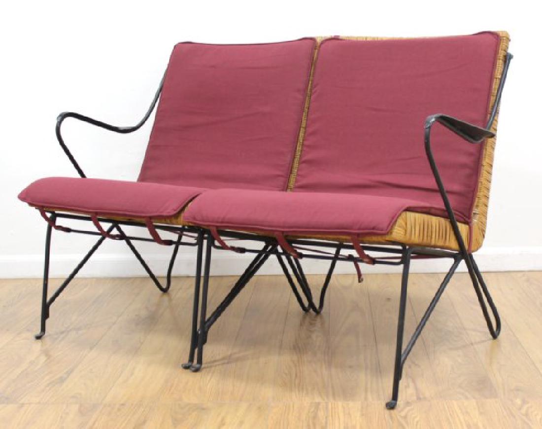 2-Part 60s American Settee: Woven grass and wrought iron. Each approx. 32 1/2" H x 24 1/2" W.
