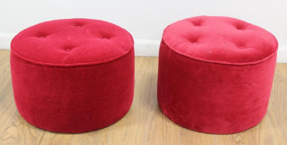 Pair 50s Crimson Velvet Upholstered Poufs (1 of 2)