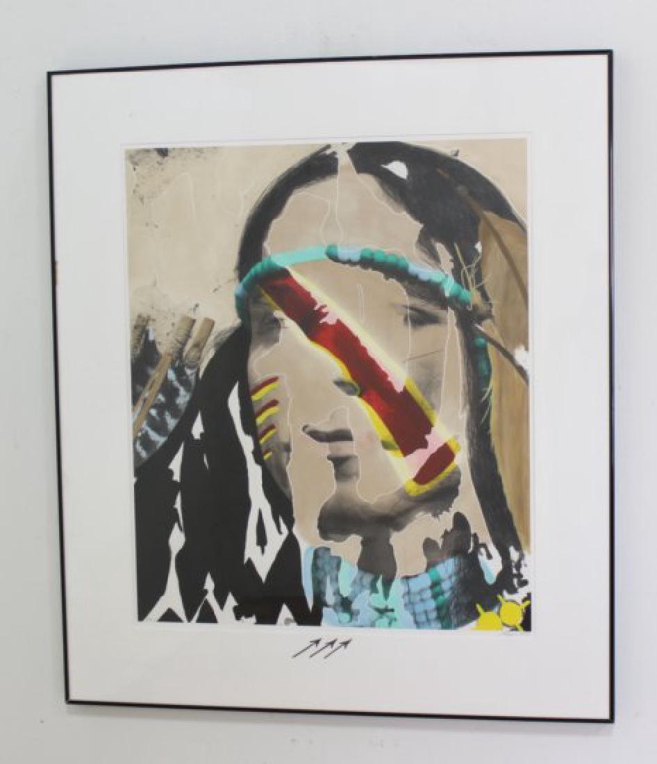 Magee, "Native American": Mixed media on paper. Pencil signed and dated 1985 lower right. Approx. 34" H x 28" W unframed, 46" H x 40" W framed.