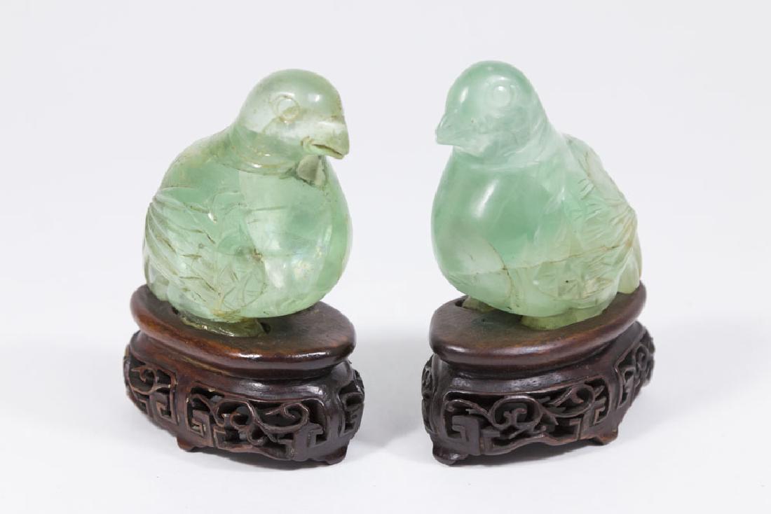Pair Chinese Green Hardstone Birds on Wood Bases (1 of 3)