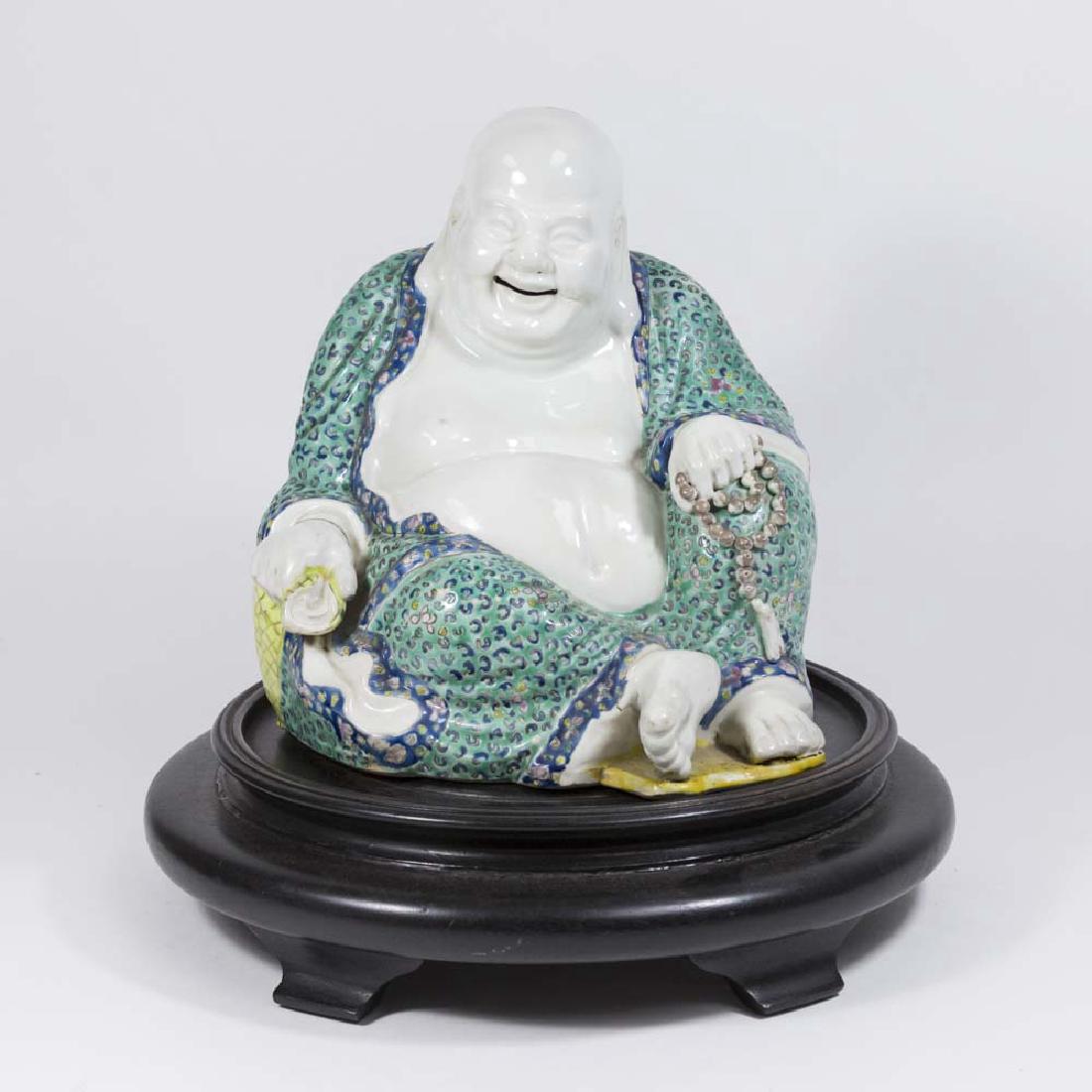 Chinese Porcelain Sitting Buddha on Wood Stand (1 of 6)