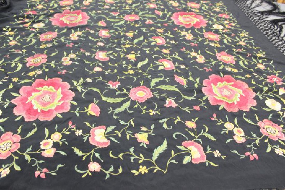 Vintage Spanish Silk Embroidered Piano Shawl: With fringes. Approx. 48" x 48". (6100)