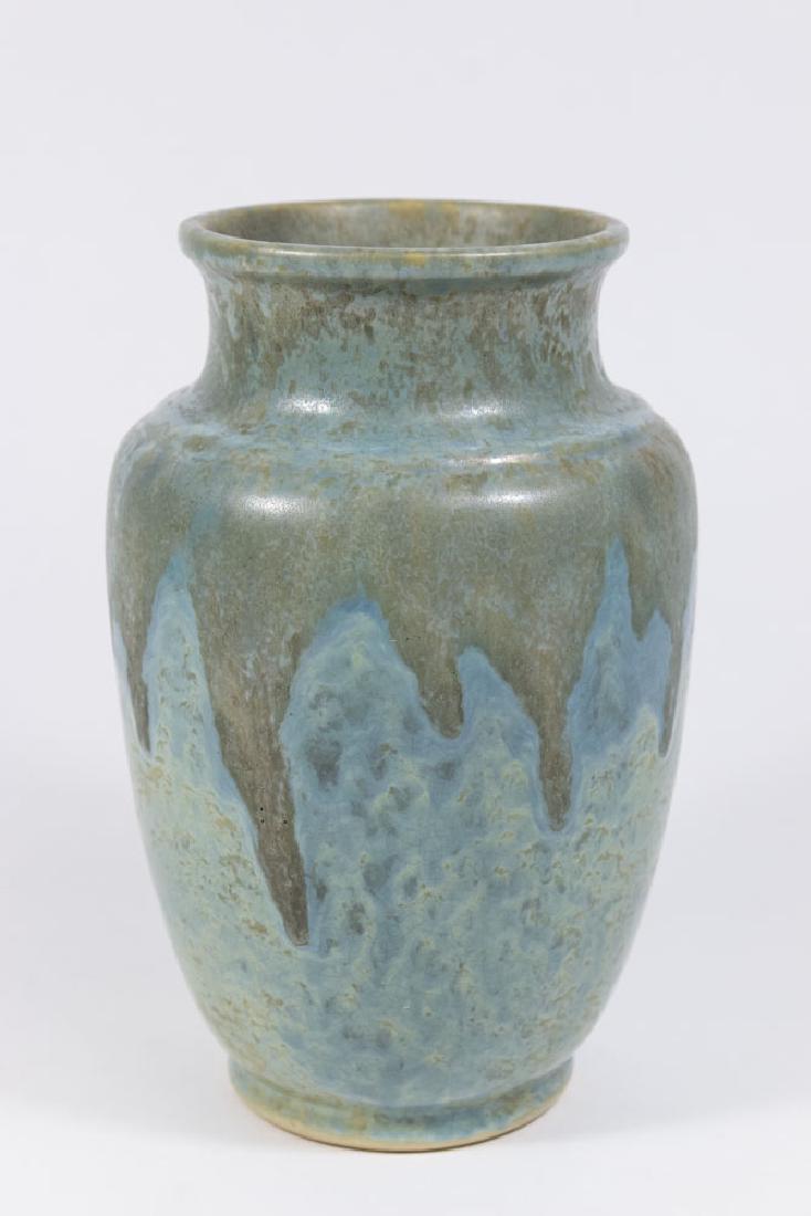 Roseville Carnelian II Vase: RV stamp on bottom. Blue drip over mottled blue-green. Approx. 9 1/2" H. Small chip on base. Crazing.