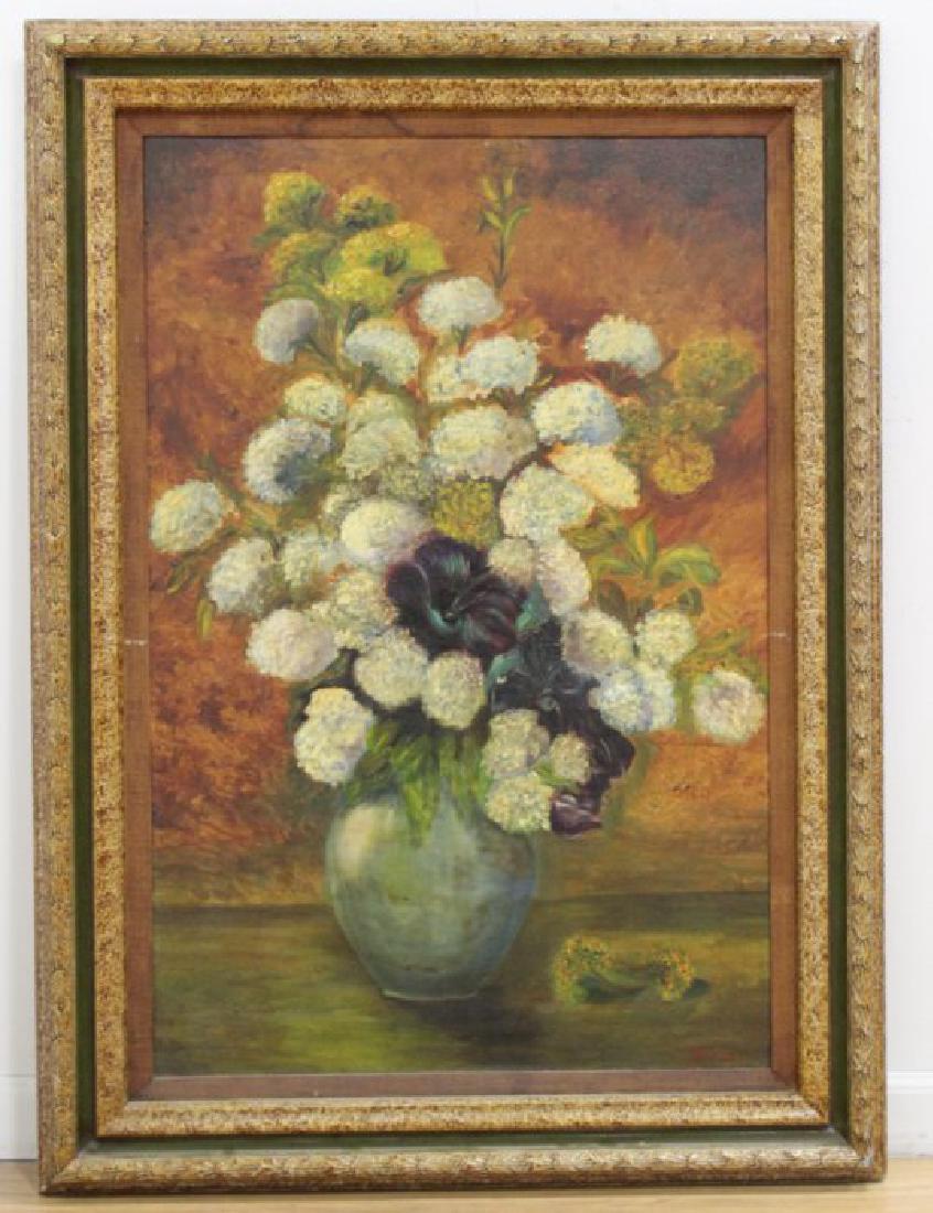 Still Life, Flowers in Urn: Oil on canvas. Framed. Approx. 36" H x 24" W image, 44" H x 32" W framed. (6067)