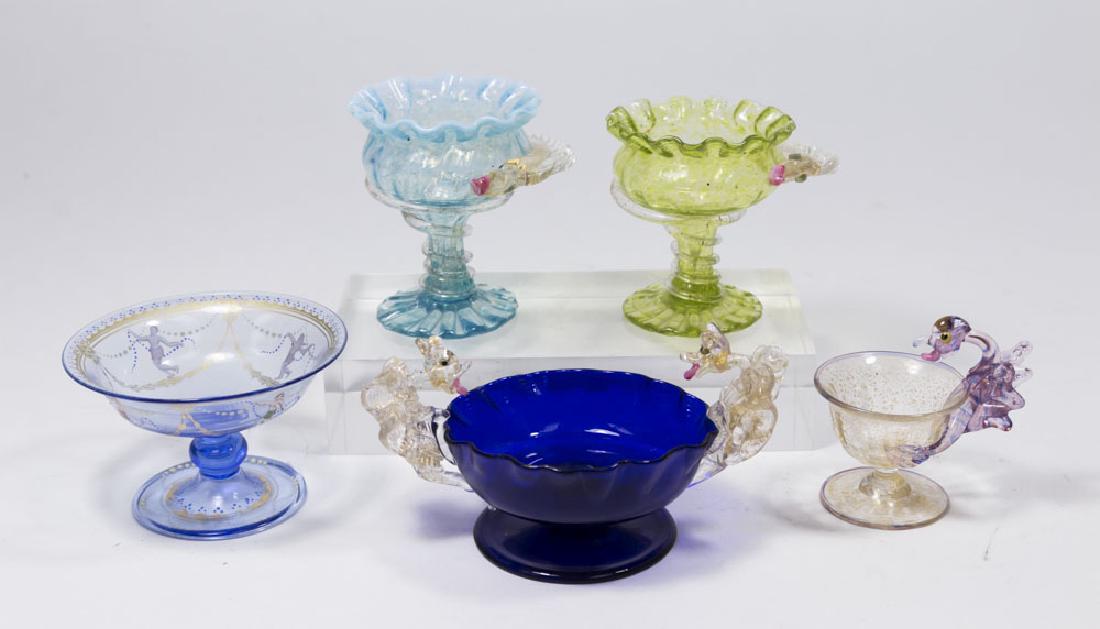 5 Venetian Gilt & Enameled Colored Glass Salts: Late 19th/early 20th century. Attributed to Salviati & C. Artisti Barovier or Fratelli Toso. Largest approx. 2 3/4" H. From a NY estate. (6092) Good condition.