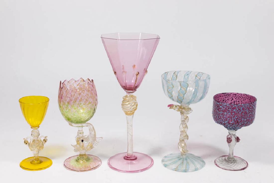 5 Venetian Gilt Colored & Speckled Glass Cups: Late 19th/early 20th century. Attributed to Salviati & C. Artisti Barovier or Fratelli Toso. Largest approx. 8 1/2" H. (6092) Good condition.