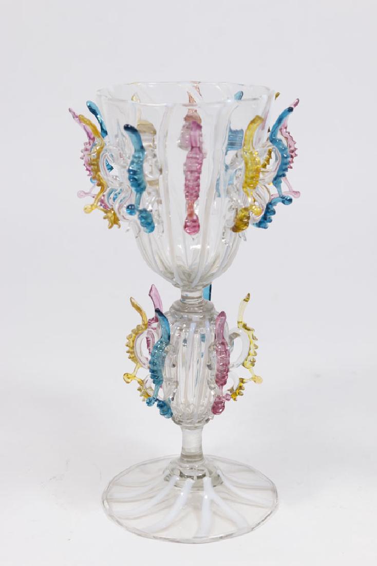 Venetian Multicolored & Clear Glass Goblet: Late 19th/early 20th century. Attributed to Saviati Dott. Antonio. Approx. 9" H. From a NY estate. (6092) Repairs on tips when blacklighted.