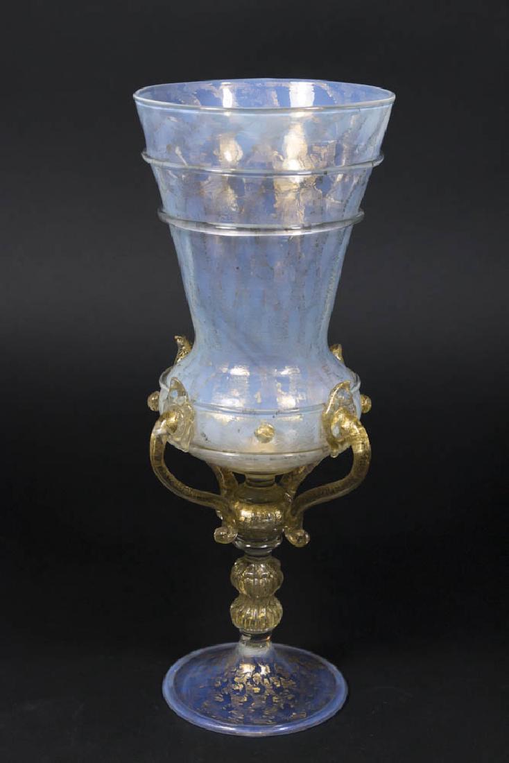 Venetian Gilt Opaline to Clear Glass Coupe: Late 19th/early 20th century. Attributed to Salviati Dott. Antonio, Artisti Barovier or Fratelli Toso. Approx. 11 1/2" H. From a NY estate. (6092) Good condition.