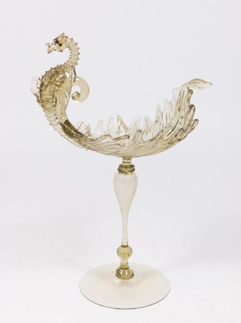 Venetian Smoked Glass Seahorse Compote: Late 19th/early 20th century. Attributed to Salviati & C. Artisti Barovier or Fratelli Toso. Approx. 11 1/2" H. From a NY estate. (6092) Good condition.