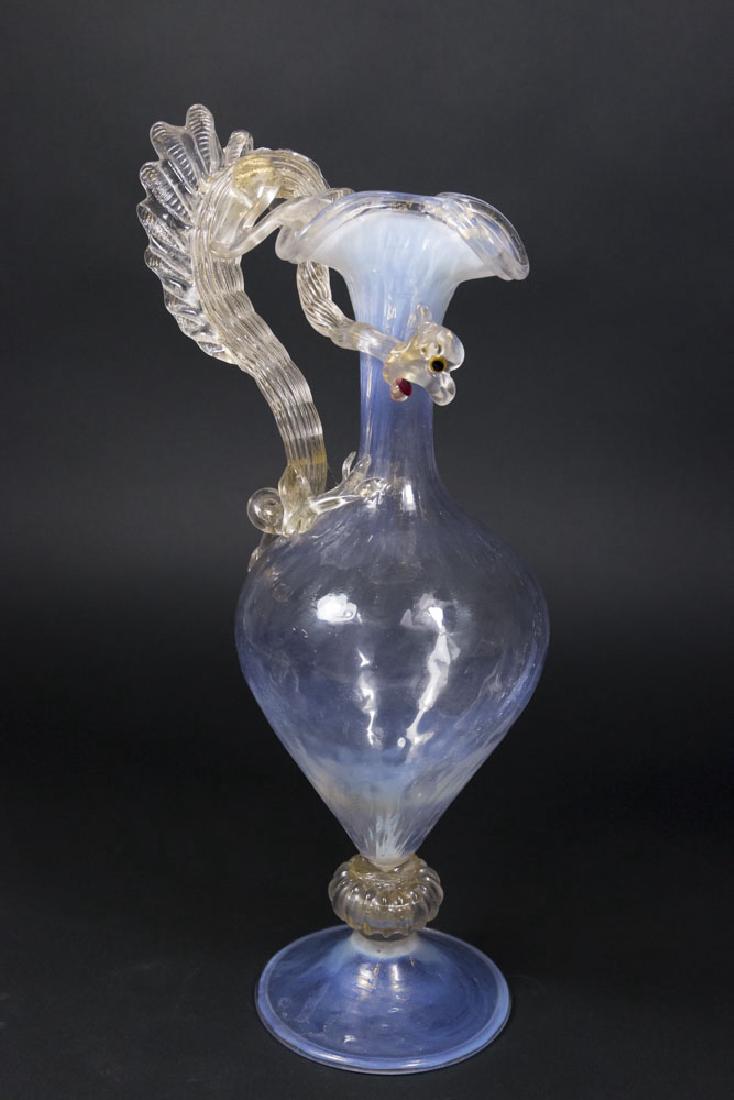 Venetian Gilt Opaline Glass Dragon Ewer: Late 19th/early 20th century. Attributed to Salviati & C. Artisti Barovier or Fratelli Toso. Approx. 15 1/2" H. From a NY estate. (6092) Tip of tail chipped. Stem repaired and chipped.