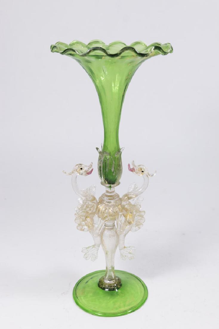 Venetian Gilt Green & Clear Glass Trumpet Vase (1 of 5)