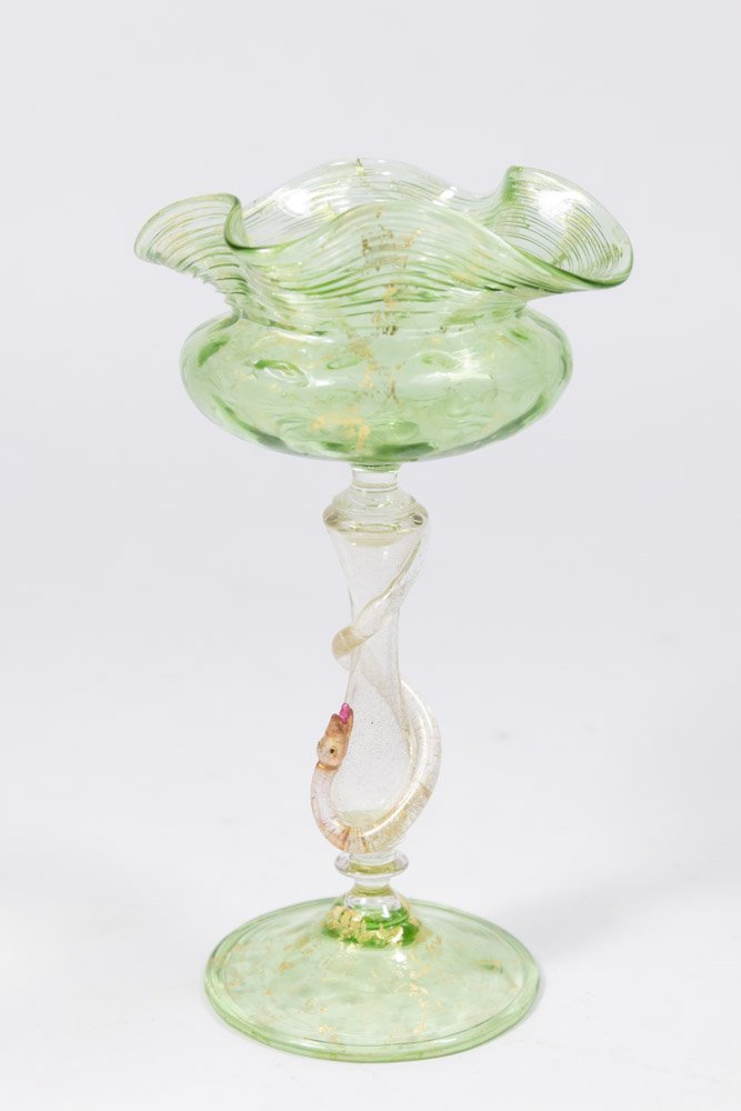 Venetian Gilt Green Glass Serpent Coupe: Late 19th/early 20th century. Attributed to Salviati & C. Artisti Barovier or Fratelli Toso. Approx. 7 1/2" H. From a NY estate. (6092) Missing one handle, possibly two.