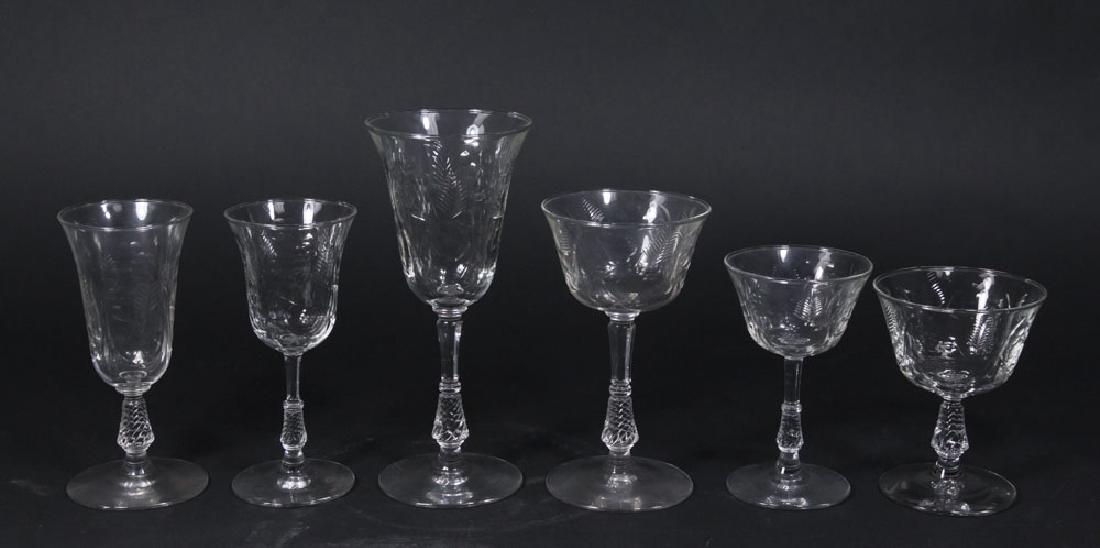 Large Lot of Etched Antique Glasses: 157 pieces. Including 28-8" wine, 29-6" wine, 26-6 1/4" wine, 9-6" sherbets, 35-4 1/2" sherbets, and 30-6" white wine.