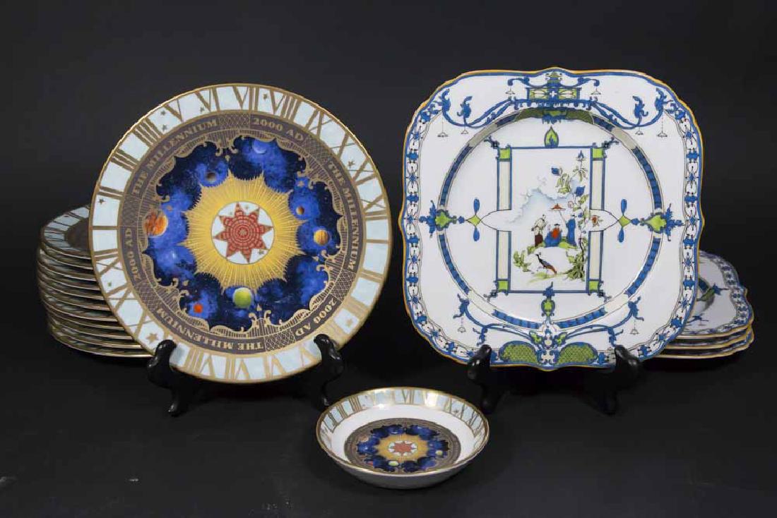 Royal Worcester "To Celebrate The Millenium": Limited edition. Including 12-8 1/4" D plates and 1-4 1/4" saucer. Plus 4 square reticulated Chinoiserie pattern plates, approx. 8" D.