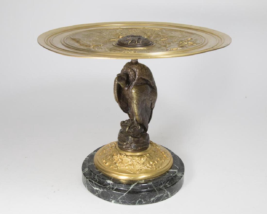 Bronze Tazza on Marble Base: Signed Jules Moigniez, Paris, France. 19th century. Signed by sculptor. Approx. 9 1/2" H x 11 1/4" W.