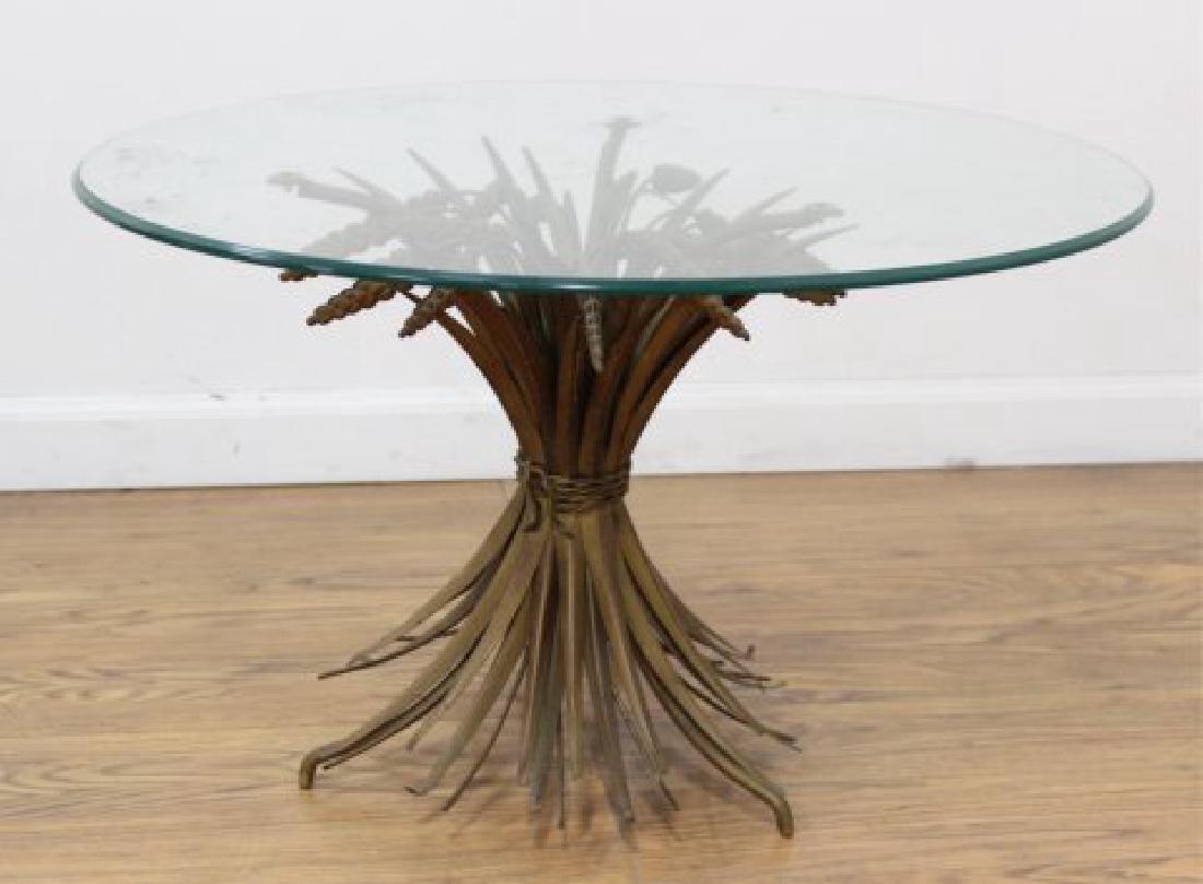 Modern Glass Top Coffee Table: Sheaf of wheat design. Approx. 16" H x 26" diameter.