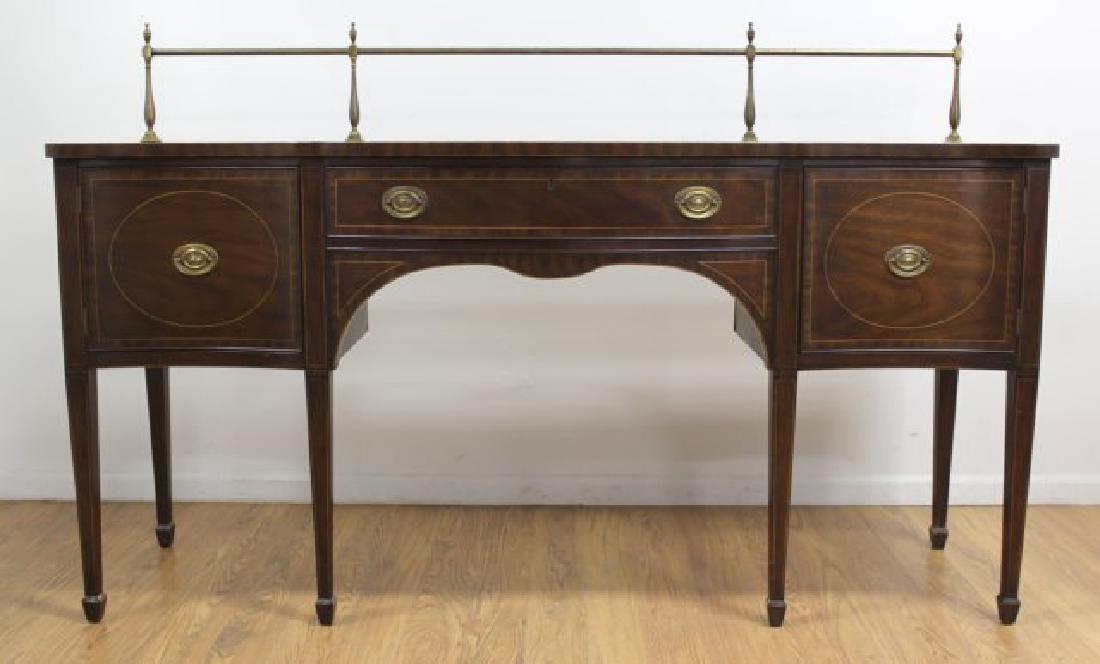 George III Style Mahogany Sideboard: With pencil inlays. The Kittinger Collection. Model #DDL002. Burnt in Kittinger stamp. Also stamped Smith and Watson. With brass railing (removable; finish back without it). Approx. 39 1/4" H x 79" W