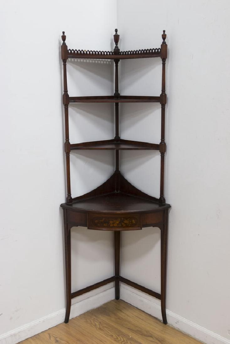 Mahogany Corner Curio: Circa 1920. With bell flower inlay. Approx. 68" H x 22" W x 10" D.