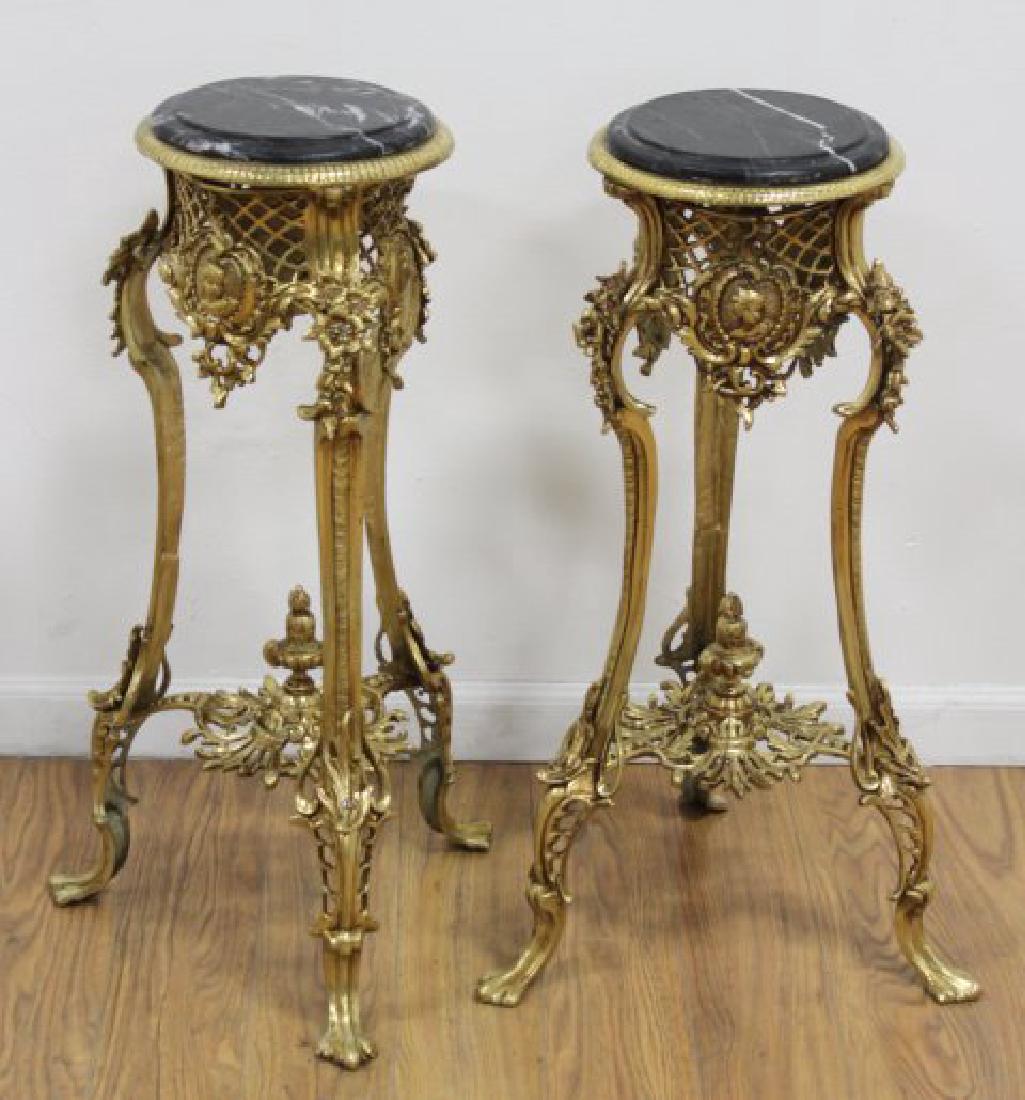 Pair Bronze & Marble French Style Pedestals: Contemporary. Approx. 29" H x 10" D.