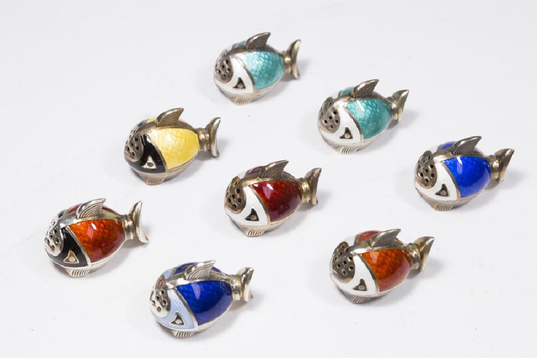 8 Silver & Enamel Salt & Pepper Shakers: Modelled as fish. Marked 925 SNM. Attributed to Torstrup, Norway. Approx. 1 1/4" H x 1 1/4" W.