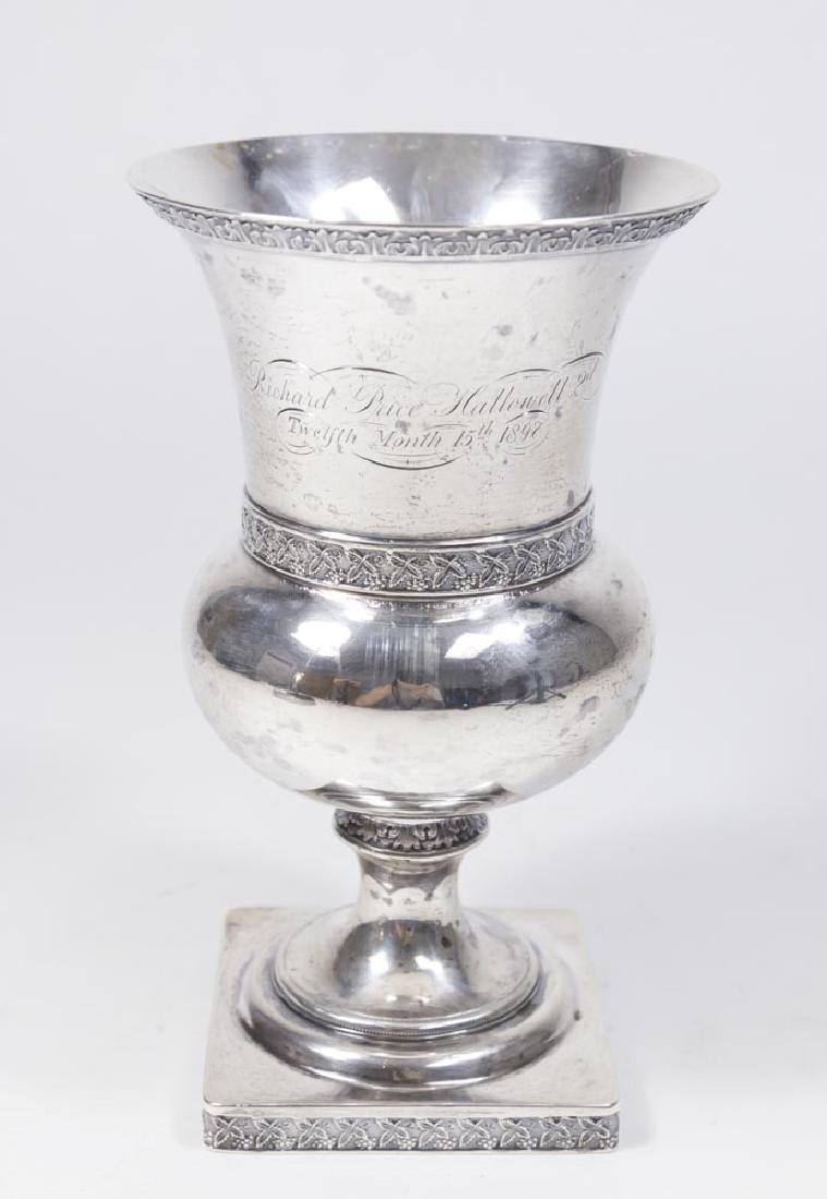 Philadelphia Coin Silver Urn: Marks for R&W Wilson (Philadelphia 1825-46). With dedication. Approx. 8" H. Approx. 15.5 ozt (481 grams). (6117)