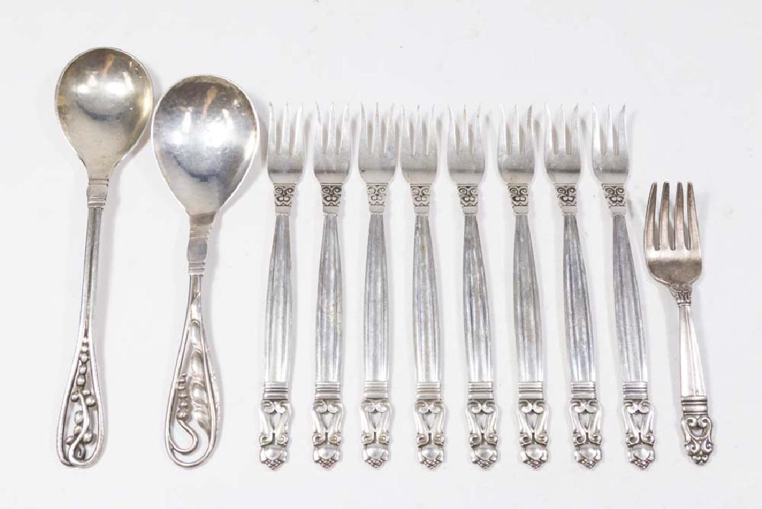 11 Pieces Jensen Denmark Sterling Silver Flatware: Acorn and other pattern. Approx. 10 ozt.