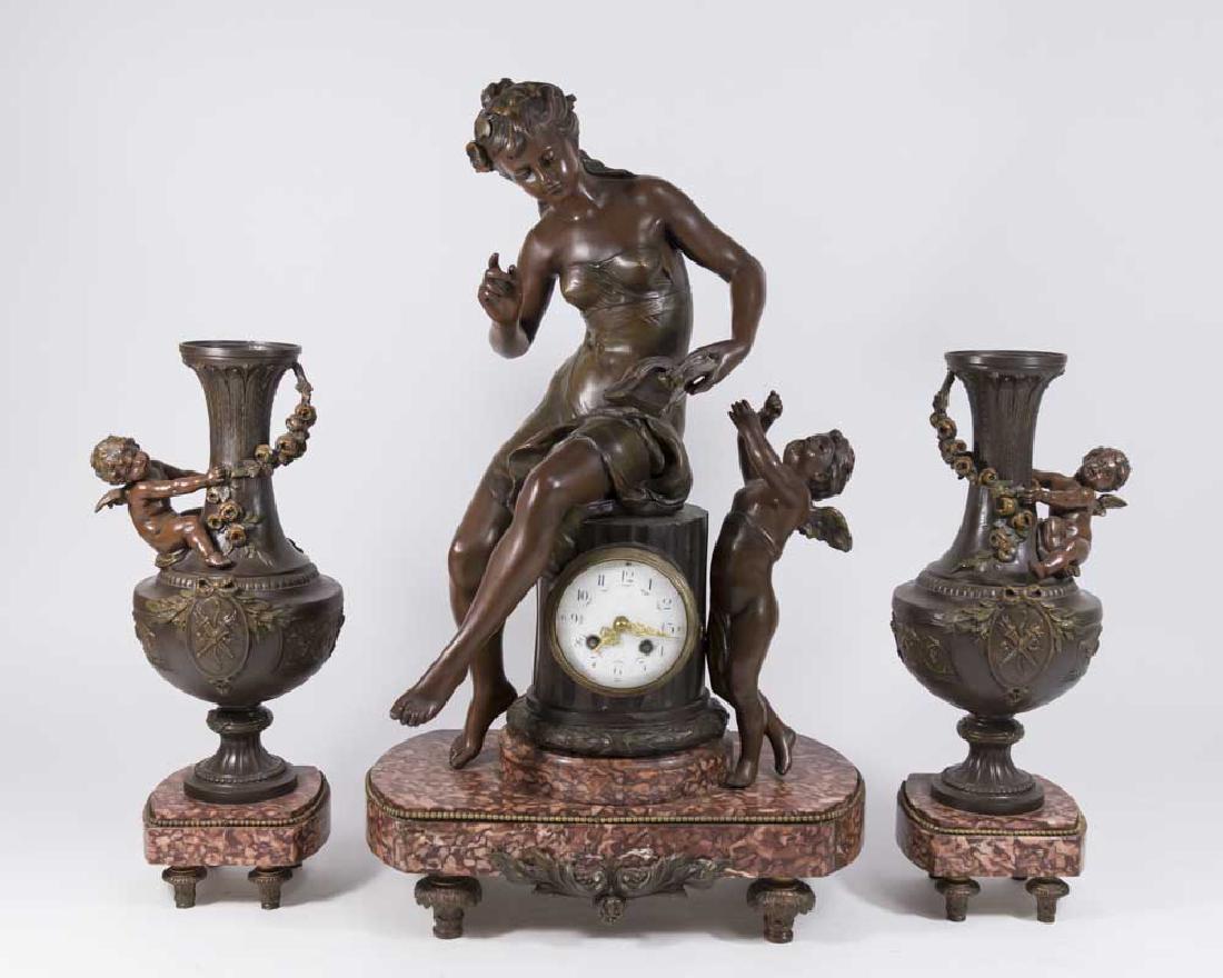 19th Century 3-Piece White Metal Clock Set (1 of 7)