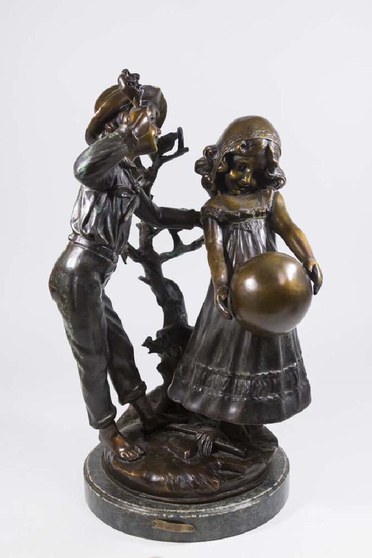 Boy & Girl with Globe: Bronze reproduction sculpture. By Auguste Moreau. Approx. 19 1/2" H.