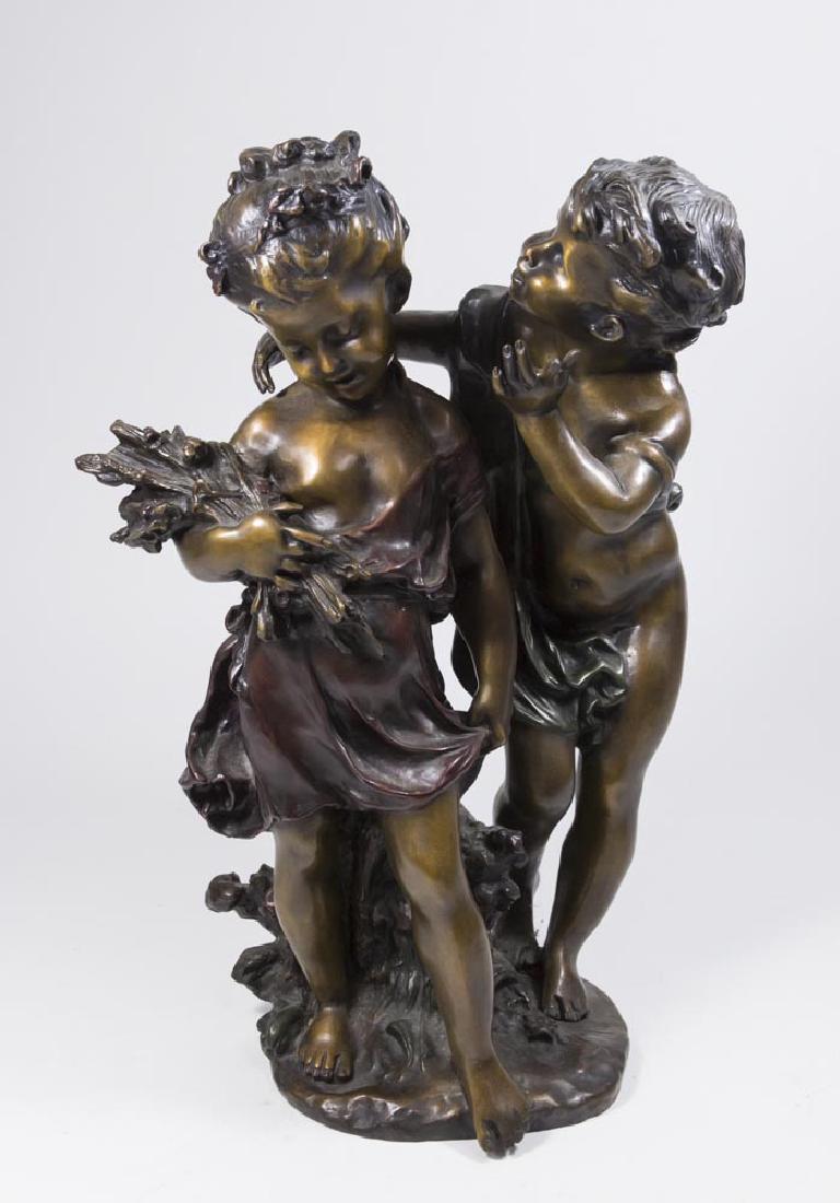 Contemporary Bronze Sculpture: 2 children and sheaf of wheat. By Auguste Moreau. Approx. 15 1/2" H.