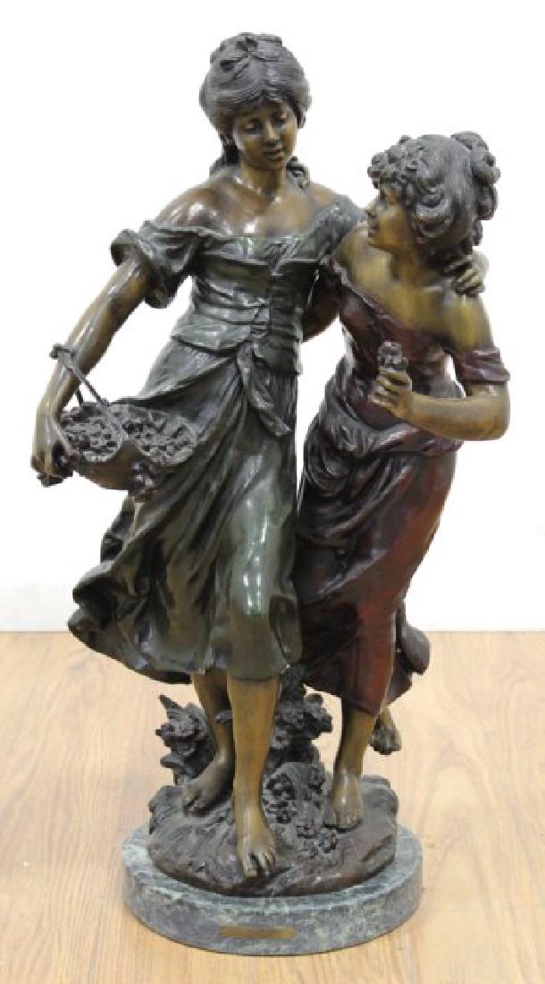 Reproduction Bronze Sculpture: 2 women picking flowers. On marble base. By Auguste Moreau. Approx. 28 1/2" H with base.