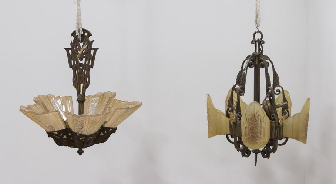 2 Art Deco 5-Light Chandeliers: Approx. 21" H.