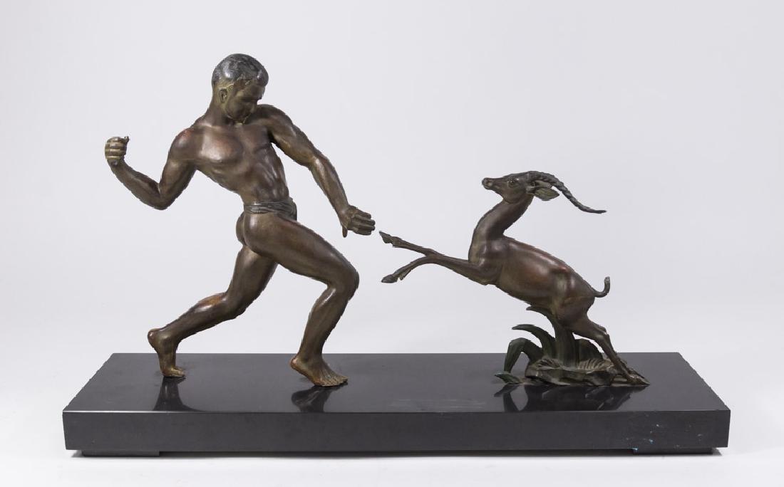 Art Deco Style Bronze, Nude Man Hunting Deer: On marble base. Approx. 14 1/2" H x 24" W.