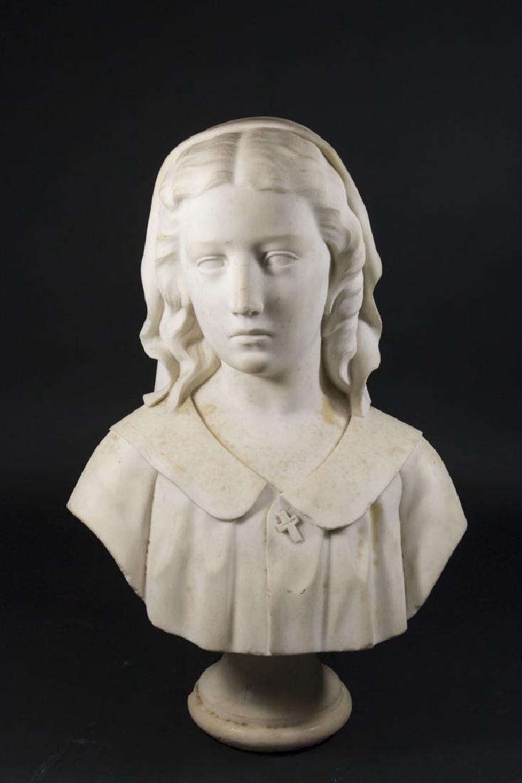 Richard Henry Park, Marble Bust of Maiden: Sculpture signed R.H. Park. Richard Henry Park (1832-1890). Late 19th-early 20th century. Approx. 22 1/2" H with base. From the estate of Mark Zulli, antique collector and dealer for 50 years. (6131) 