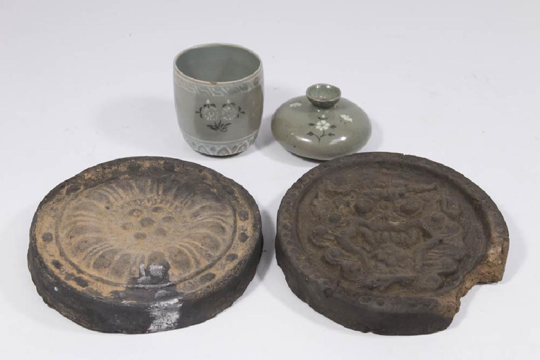 2 Korean Celadon Pieces & 2 Antique Roof Tiles (1 of 4)