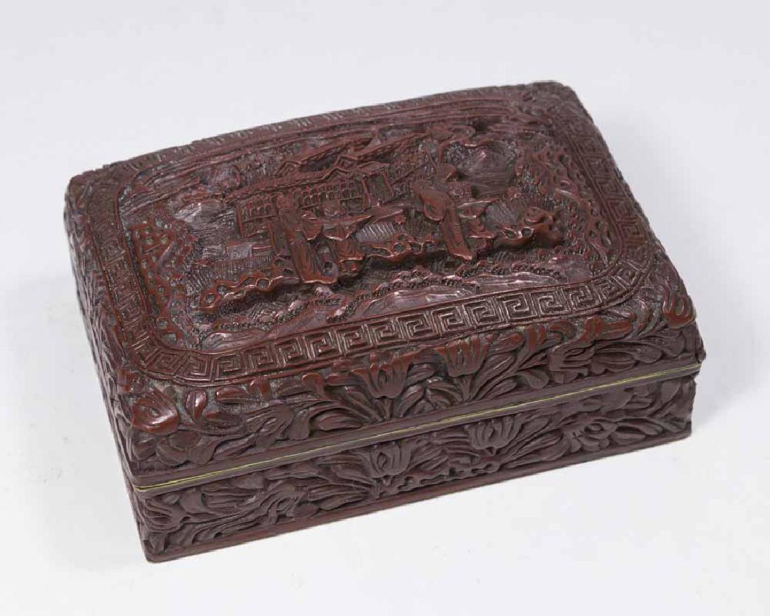 Chinese Cinnabar Covered Box, Village Scene (1 of 5)