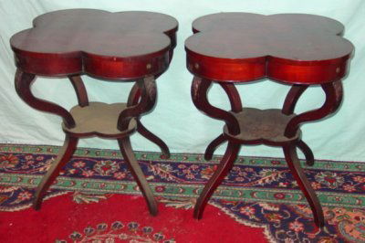 PAIR MAHOGANY DUNCAN PHYFE STYLE TABLES: FURNITURE.PAIR KIDNEY SHAPED MAHOGANY DUNCAN PHYFE STYLE TABLES (SOME GESSO LOSS ON SIDES) CA. 1930'S APPROX. 28" H X 23" W