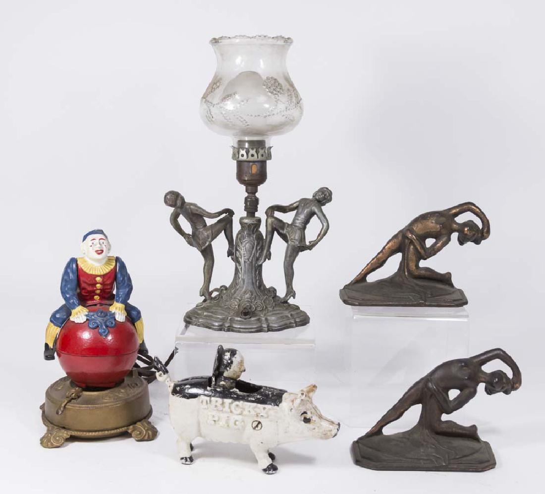 Pair Deco Bookends, 2 Iron Banks, & Deco Lamp (1 of 8)