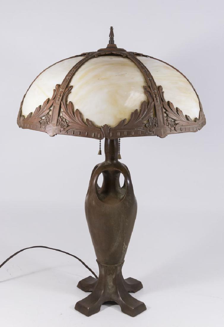Possibly Handel Slag Glass Shade Lamp: Bronze base. 25"H
