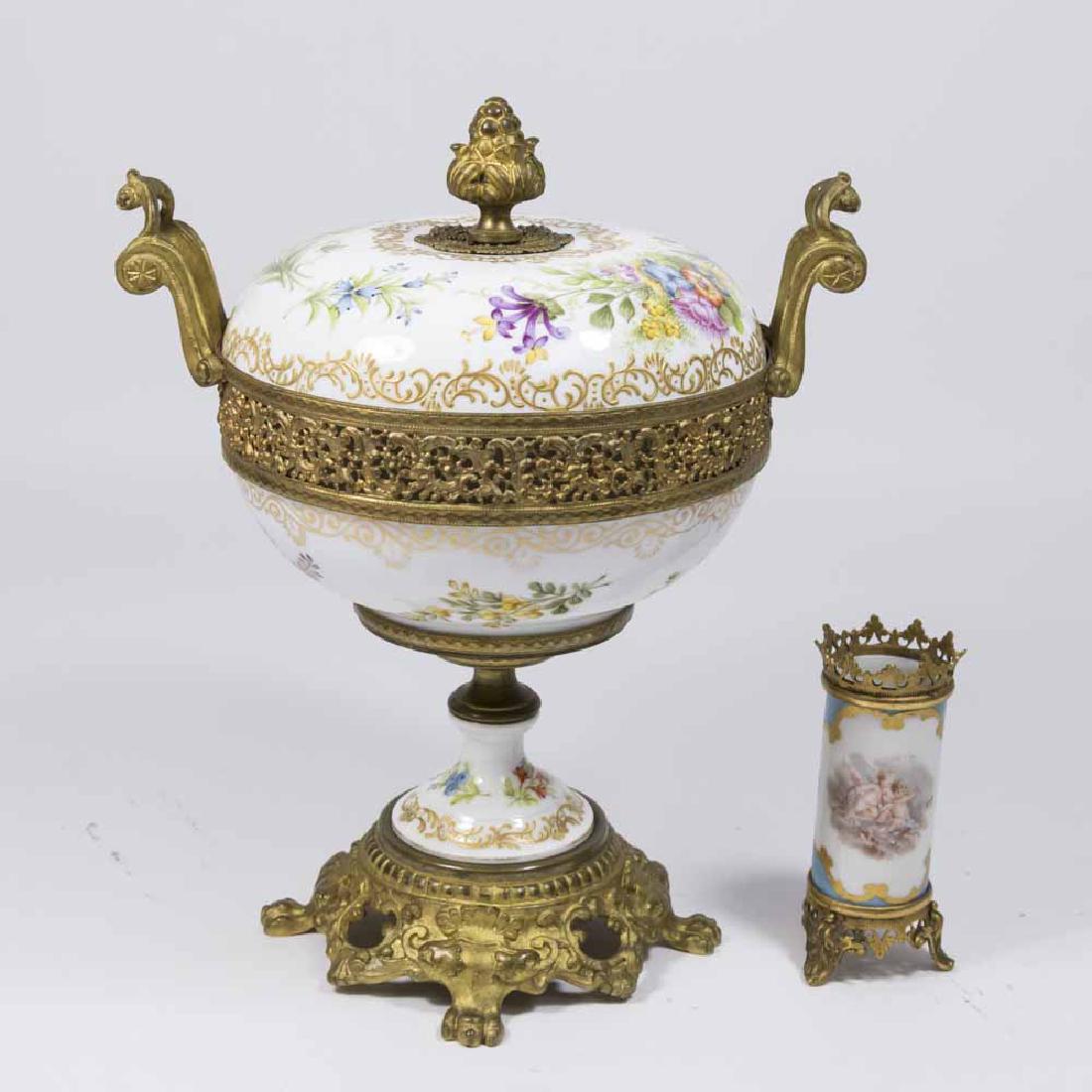 Sèvres Centerpiece & Toothpick Holder: Covered centerpiece, approx. 10 1/2" H. Toothpick holder, approx. 4 1/4" H.