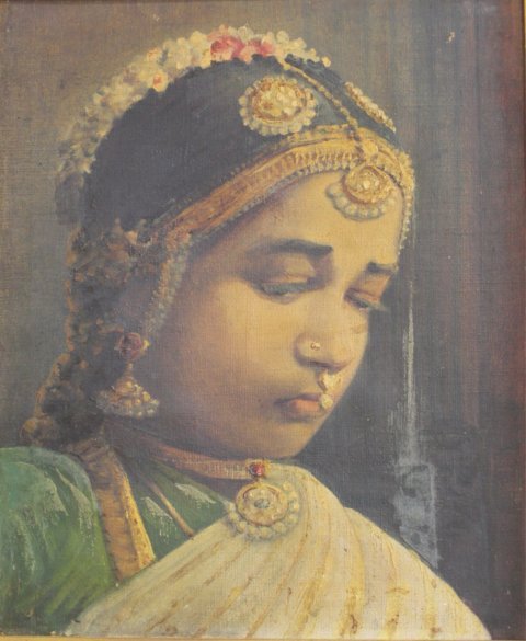 Young Indian Girl: Oil on canvas. Orientalist. Approx. 12" H x 10" W image, 14 1/2" H x 13" W framed. Small tear upper right corner.