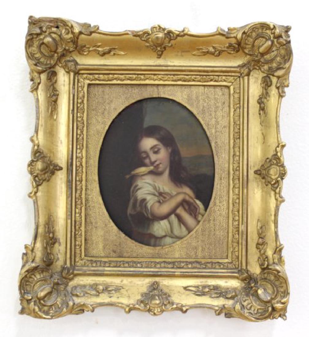 Young Girl with Bird: Oil on tin. Late 19th or early 20th century. Continental. Approx. 12" H x 11" W frame. 7 3/4" x 6 1/4"W unframed.