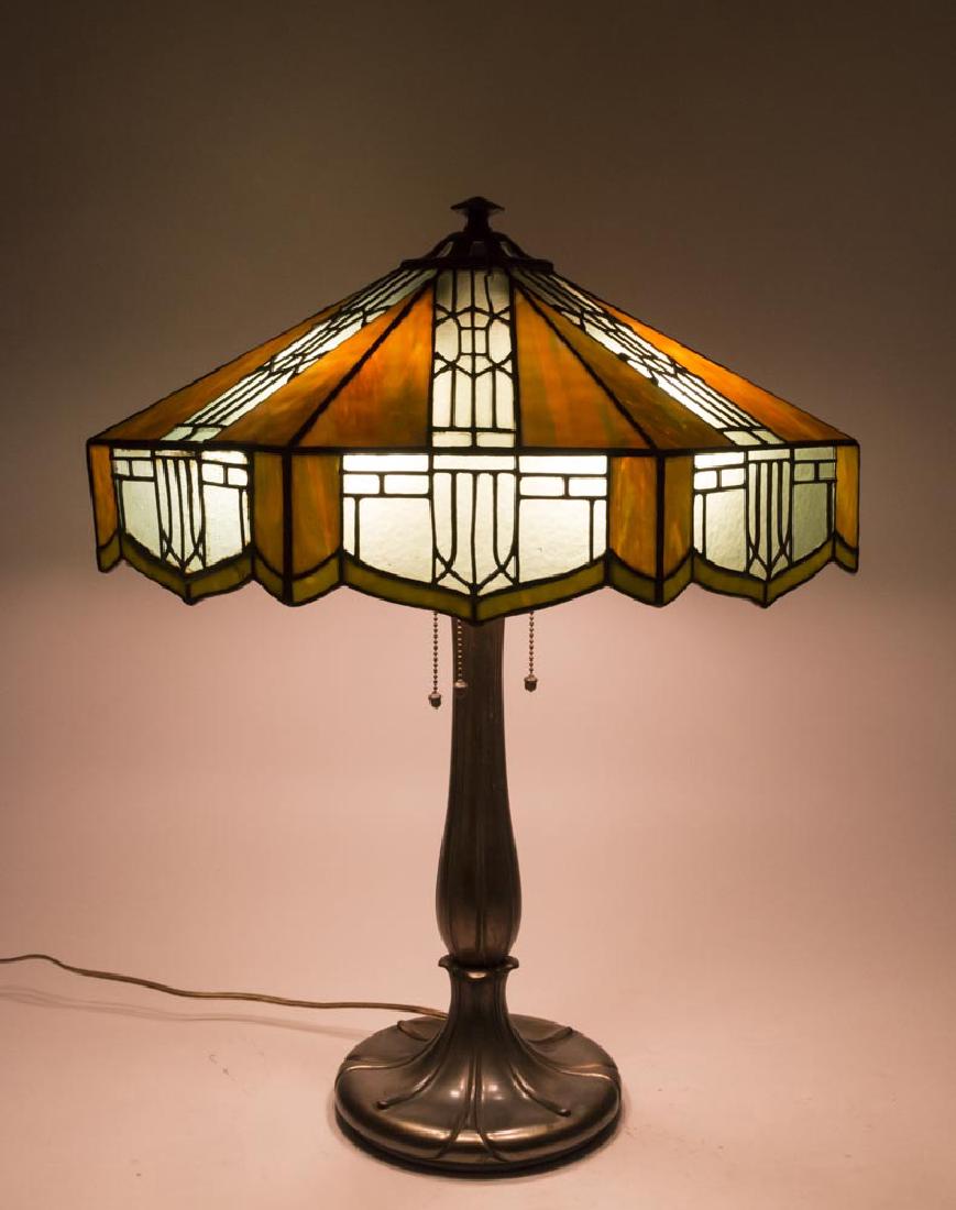 Bradley & Hubbard Stained Glass Lamp: Approx. 24 1/2" high, 18" wide. Some cracked panes.