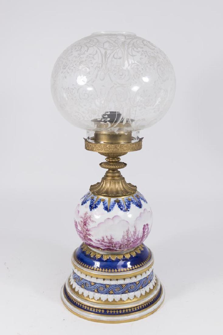 Sevres Porcelain Scenic Lamp: With etched glass shade, wreath and floral design, pink blue and gold. Approx. 20" high.(6169) Stress line on base.