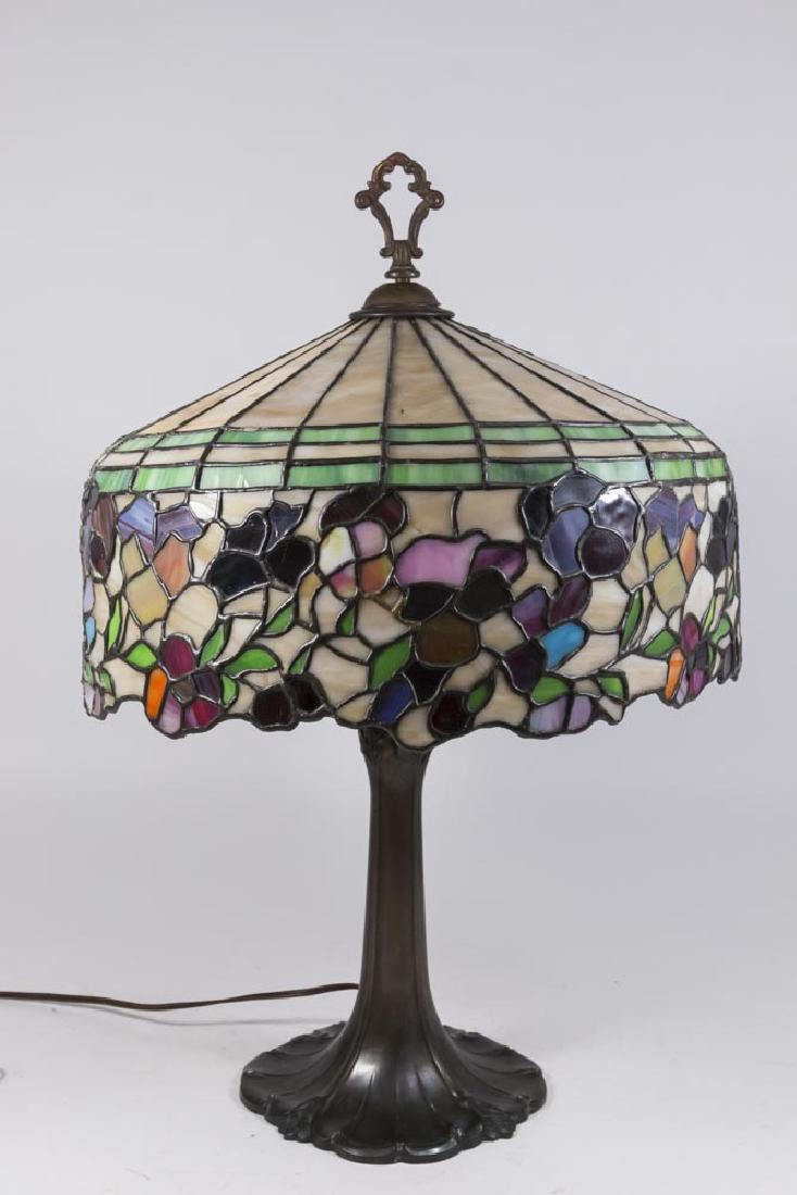Stained Glass Lamp: Approx. 23" H. Property from the collection of Hank Willoughby, Allenwood, NJ. Some crack panes.