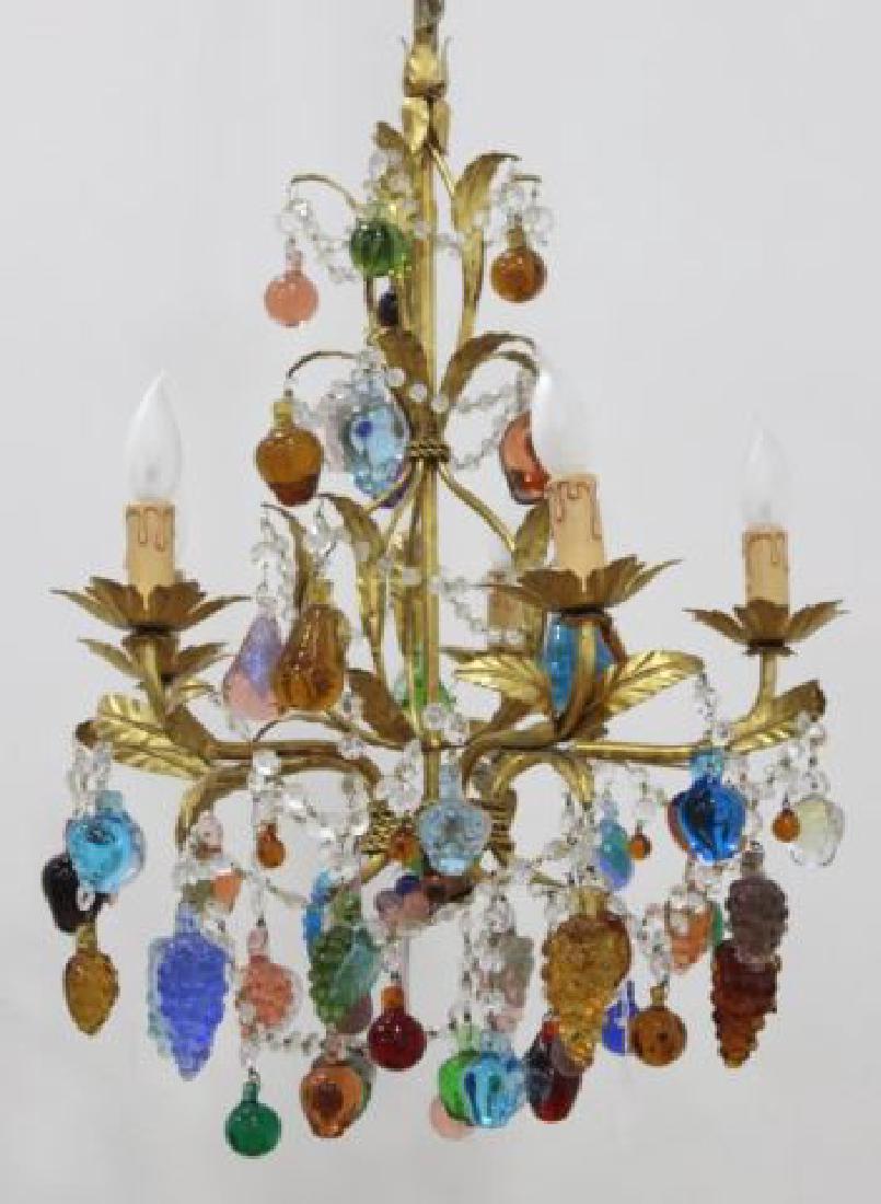 :Italian Gilt Metal Floral Rope Design Chandelier: Adorned with glass fruits. 5-light. Approx. 28" H x 18" D. (6096)
