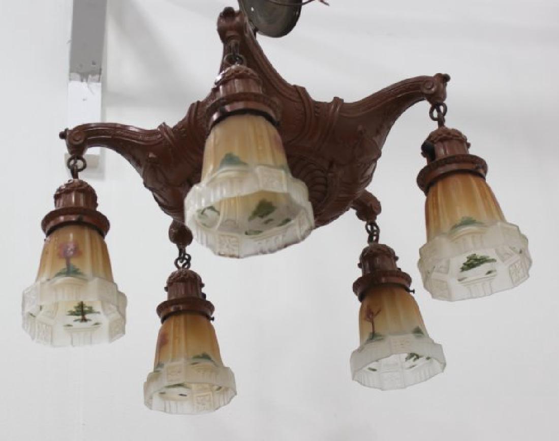:Art Deco 5-Light Chandelier: With paint-decorated shades. Approx. 19" H x 20" W. (6061)